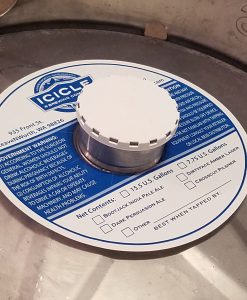 custom printed one color keg collar placed on a keg with white keg cap