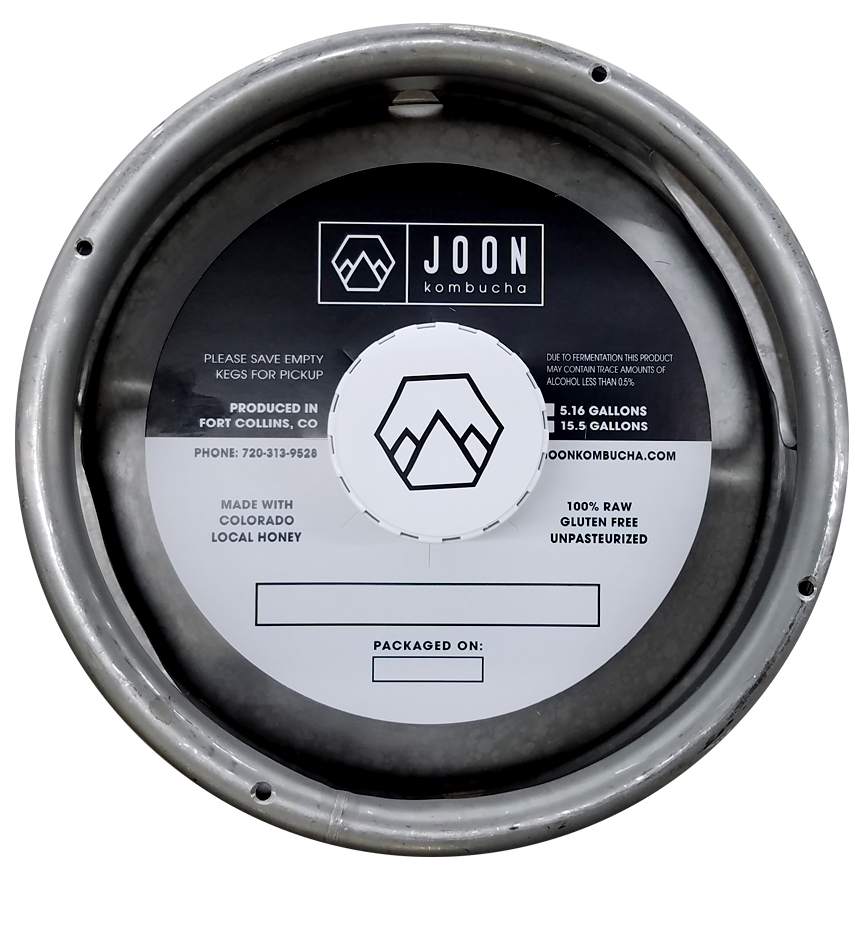 Custom printed keg collar on tag stock with black ink for Joon Kombucha installed on 1/6 barrel keg