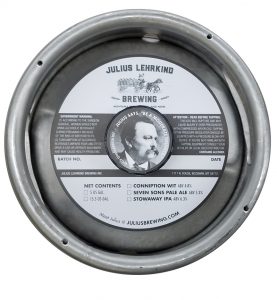 custom printed 1 color keg collar for Julius Lehrkind Brewing placed on sixth barrel keg