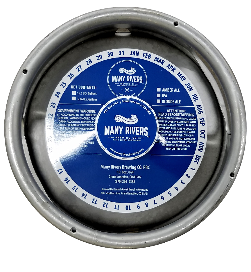 custom waterproof keg collar for Many Rivers Brewing placed on a sixth barrel keg