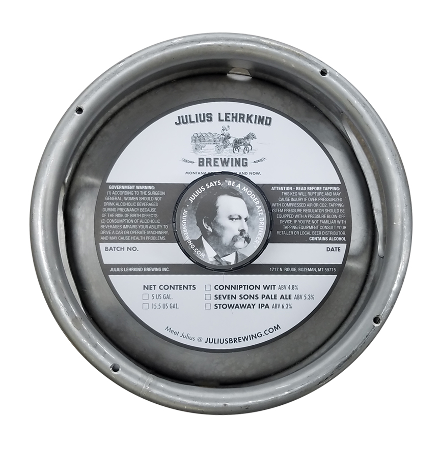 catagory_black_white_with_adhesive Custom printed black and white keg collar with adhesive for Julius Lehrkind Brewing placed on a sixth barrel keg