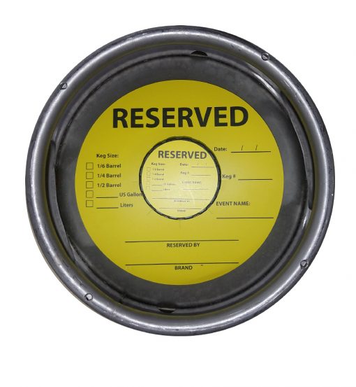 Reserved stock keg collar printed yellow and black for breweries to help orgainize inventory or for events placed on a sixth barrel keg