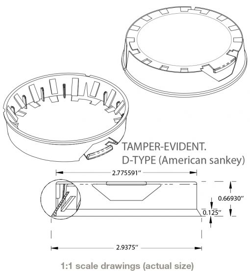 Tamper Evident keg cap drawing showing dimensions to fit American Sankey keg necks