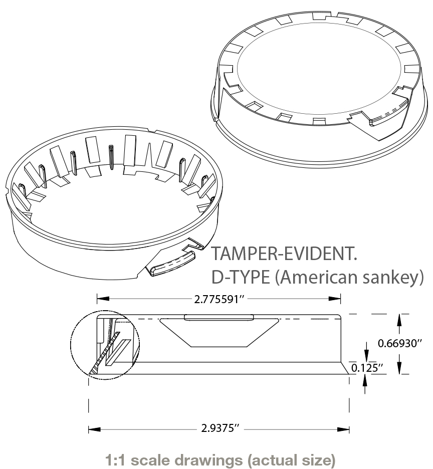 Tamper Evident keg cap drawing showing dimensions to fit American Sankey keg necks